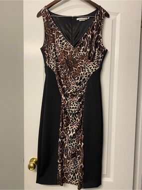 Debbie Shuchat Sleeveless Leopard Print Black Contrast Panel Sheath Dress SZ 12